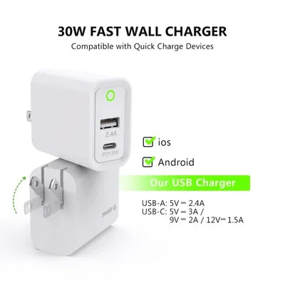 20W Wall Adapter Fast Power Delivery in white color with USB-C and USB-A ports for charging devices.