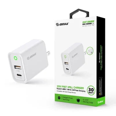 20W Wall Adapter Fast Power Delivery in white color with USB-C and USB-A ports for charging devices.