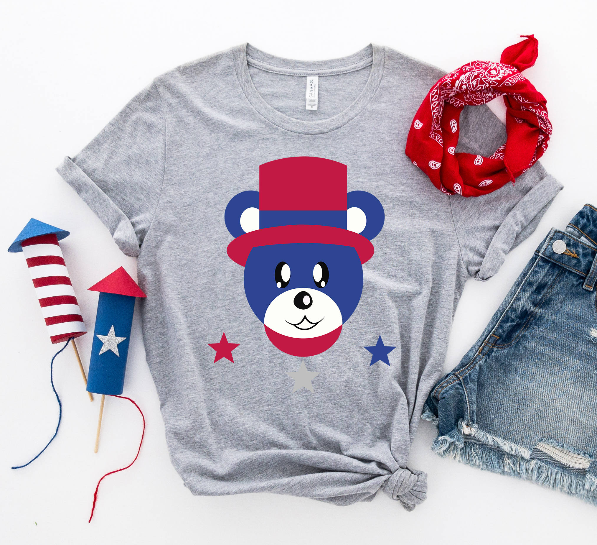 4th of July Bear T-shirt featuring a festive bear design, made from premium cotton with vibrant print.