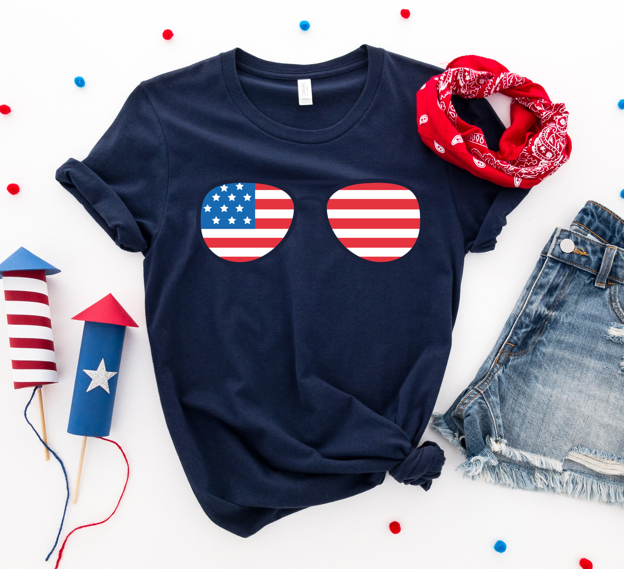 A stylish 4th of July Sunglasses T-shirt featuring a vibrant design, made from premium ring spun cotton for comfort and durability.