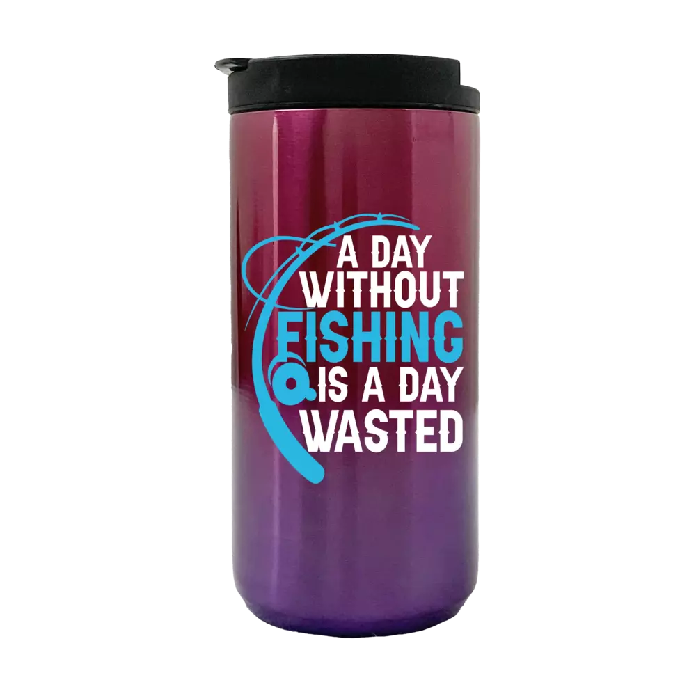 A stylish 14oz insulated coffee tumbler with a fishing-themed design, showcasing its stainless steel construction and spill-proof lid.