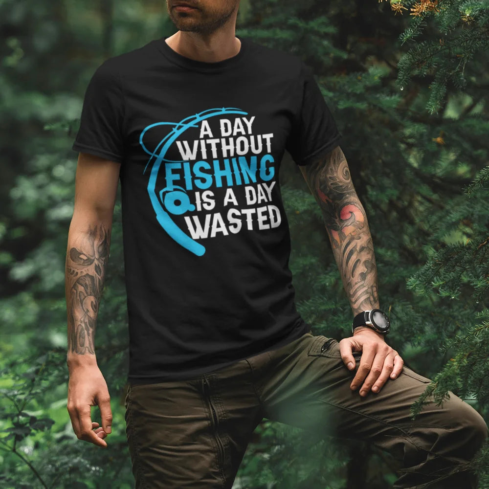 A Day Without Fishing Man T-Shirt in solid color, showcasing its comfortable fit and soft fabric, perfect for fishing enthusiasts.