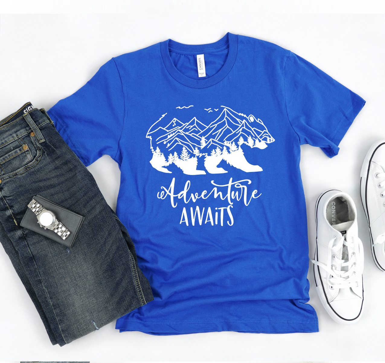 Adventure Awaits T-shirt featuring a classic unisex design in soft, high-quality cotton, perfect for outdoor activities.