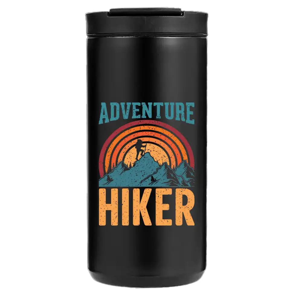 Adventure Hiker 14oz Insulated Coffee Tumbler in stainless steel with a splash-proof lid and UV printed design.