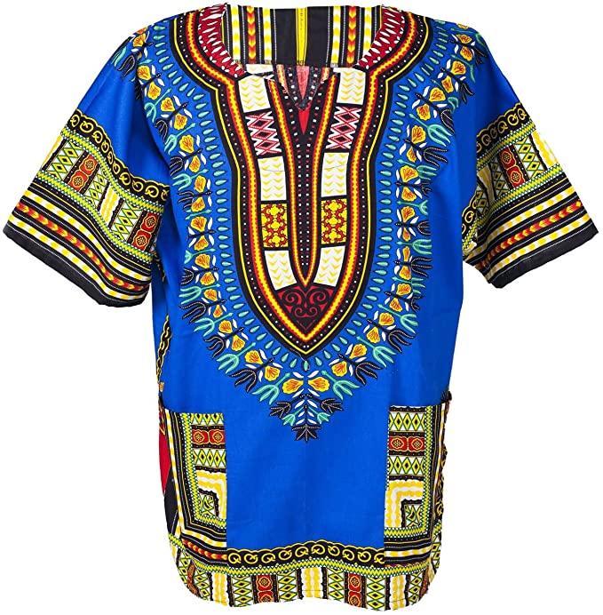A vibrant blue African Dashiki Shirt made from 100% cotton, showcasing its unique design and comfortable fit.