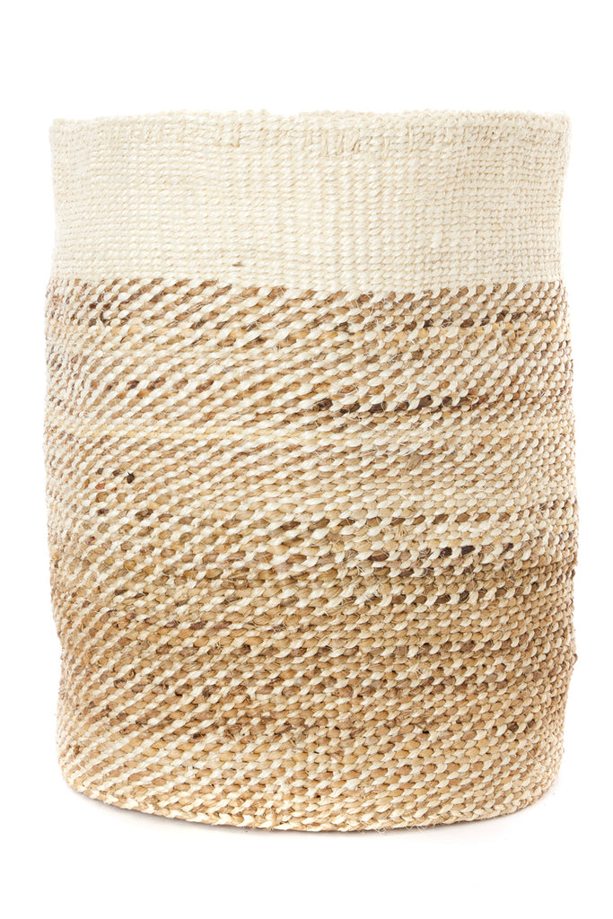 A beautifully handcrafted African natural fibre basket bin made from sisal and banana fibers, showcasing unique textures and patterns.