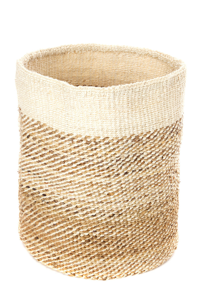 A beautifully handcrafted African natural fibre basket bin made from sisal and banana fibers, showcasing unique textures and patterns.