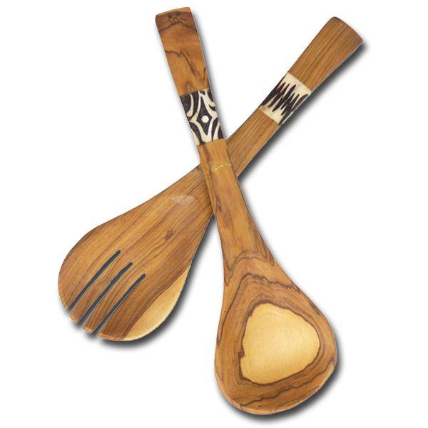 Hand-carved African olive wood salad serving set with batiked bone inlay, showcasing unique patterns and natural wood grain.