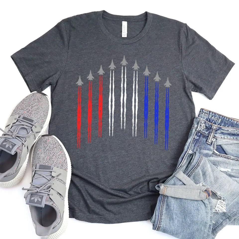 Air Force Flyover Red White And Blue Adult T-shirt featuring a vibrant patriotic design in red, white, and blue colors, made from soft ringspun cotton.