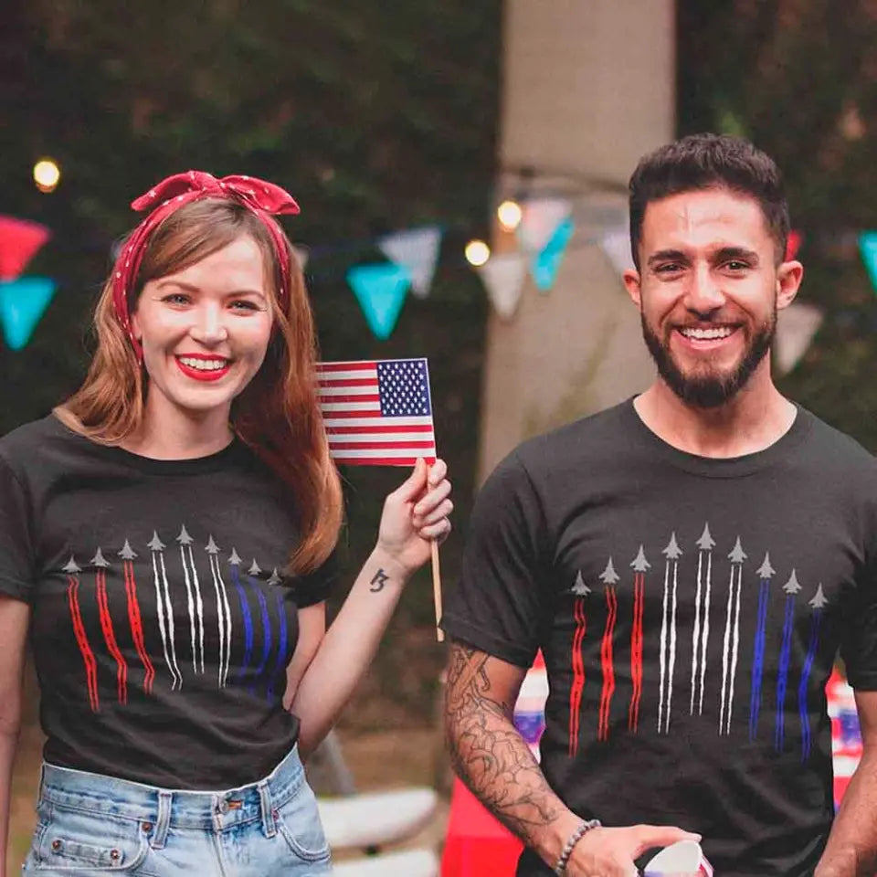 Air Force Flyover Red White And Blue Adult T-shirt featuring a vibrant patriotic design in red, white, and blue colors, made from soft ringspun cotton.