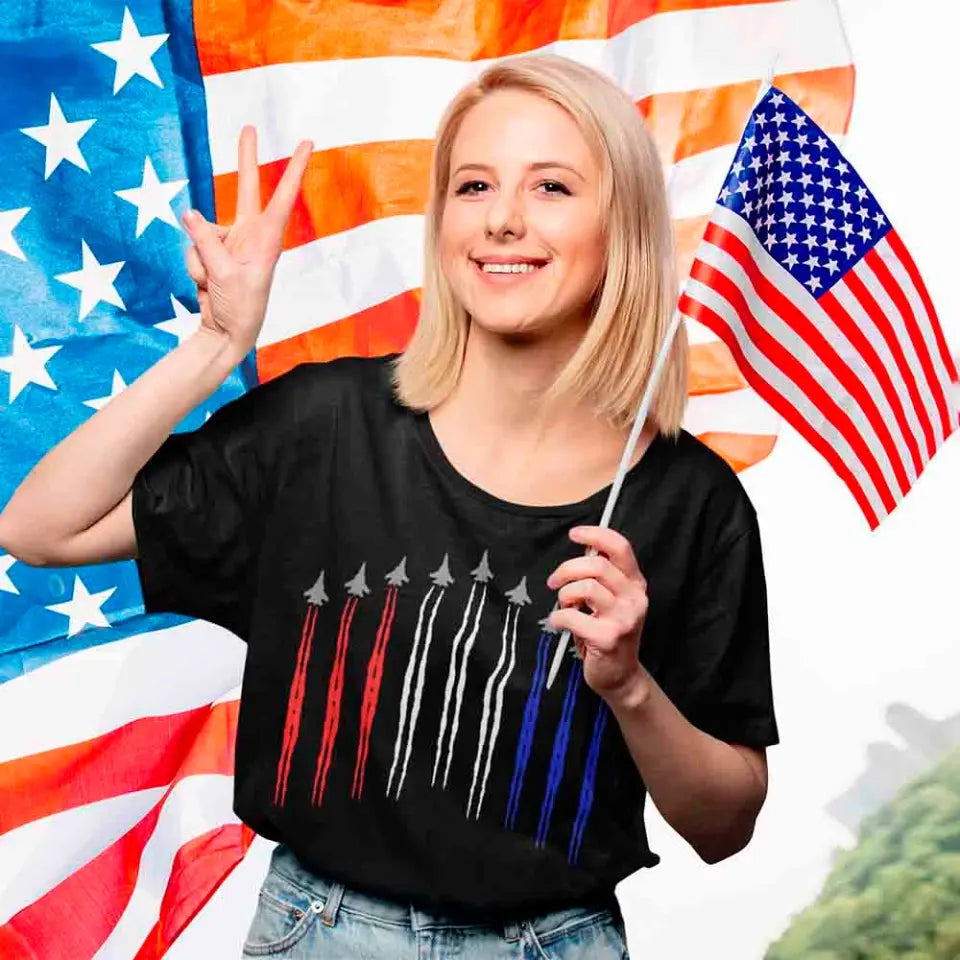 Air Force Flyover Red White And Blue Adult T-shirt featuring a vibrant patriotic design in red, white, and blue colors, made from soft ringspun cotton.