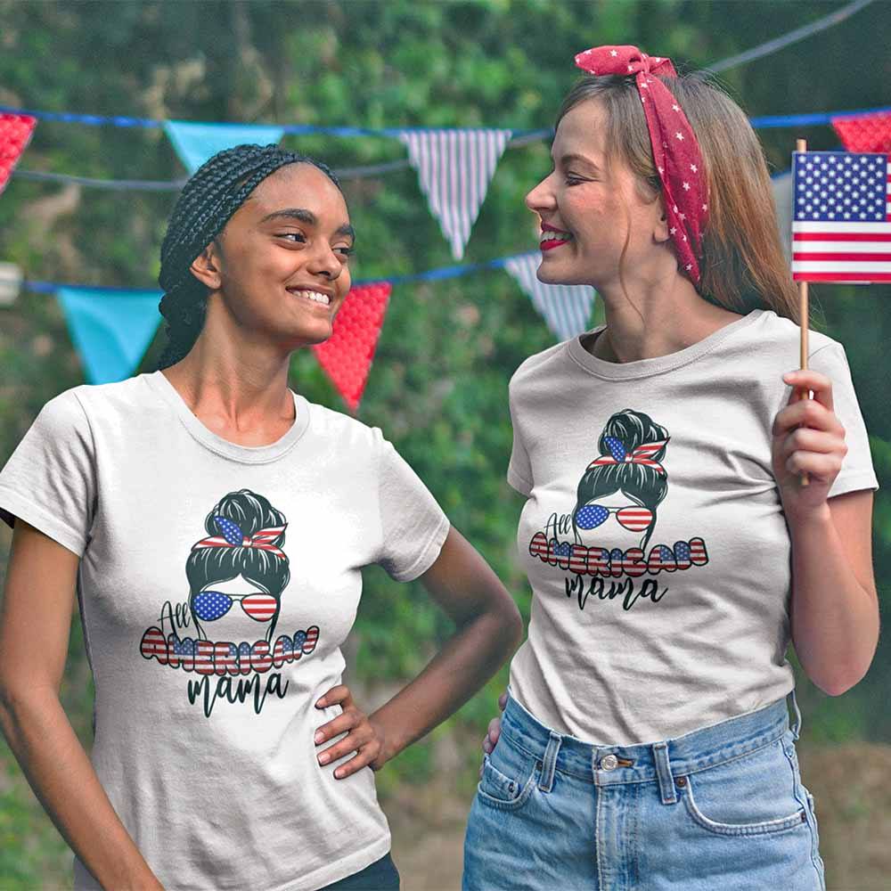 All American Mama 4th Of July Mom T-shirt featuring bold patriotic graphics on a soft ringspun cotton fabric.