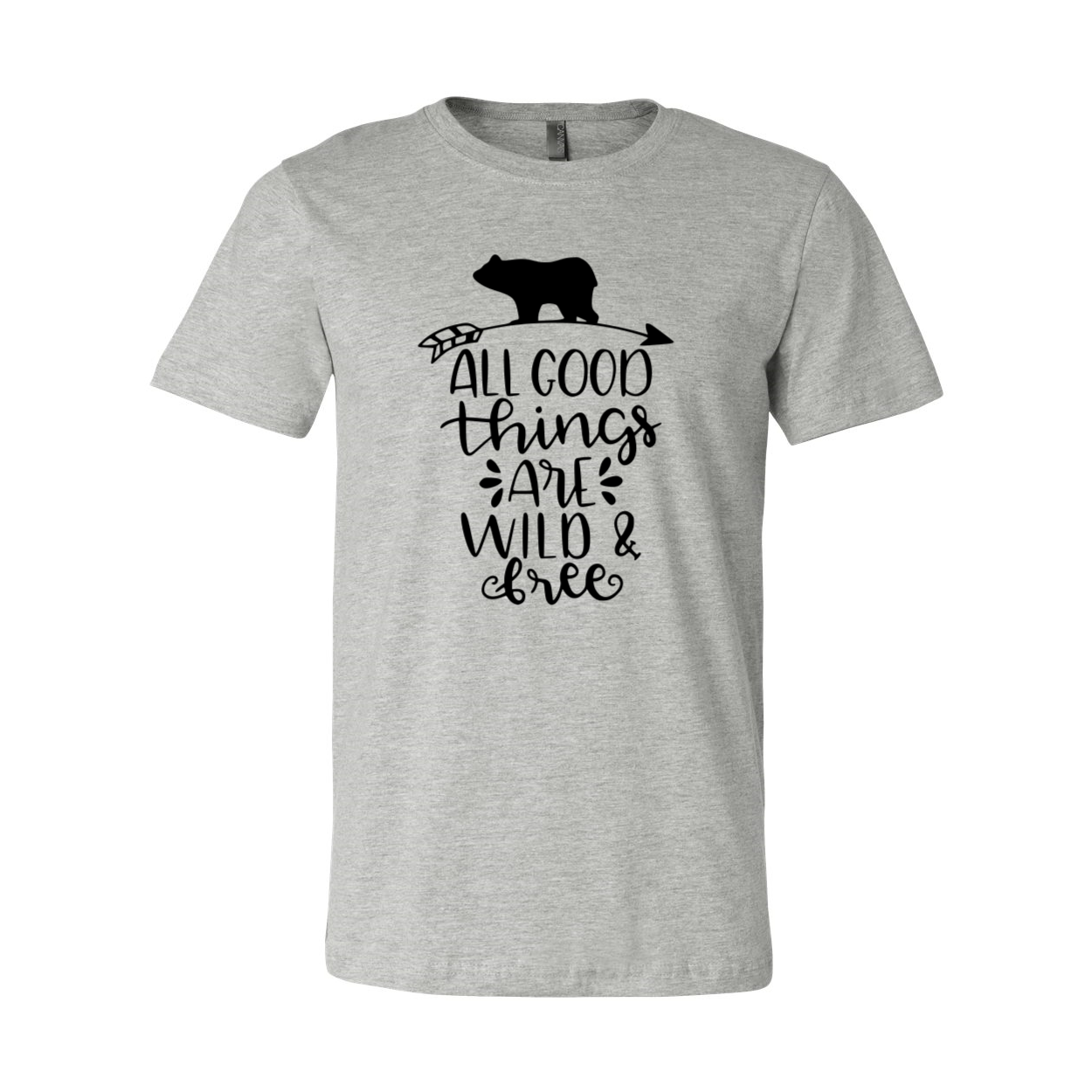 A unisex T-shirt featuring the phrase 'All Good Things Are Wild And Free' printed in a stylish font, made from soft ring spun cotton, available in various colors.