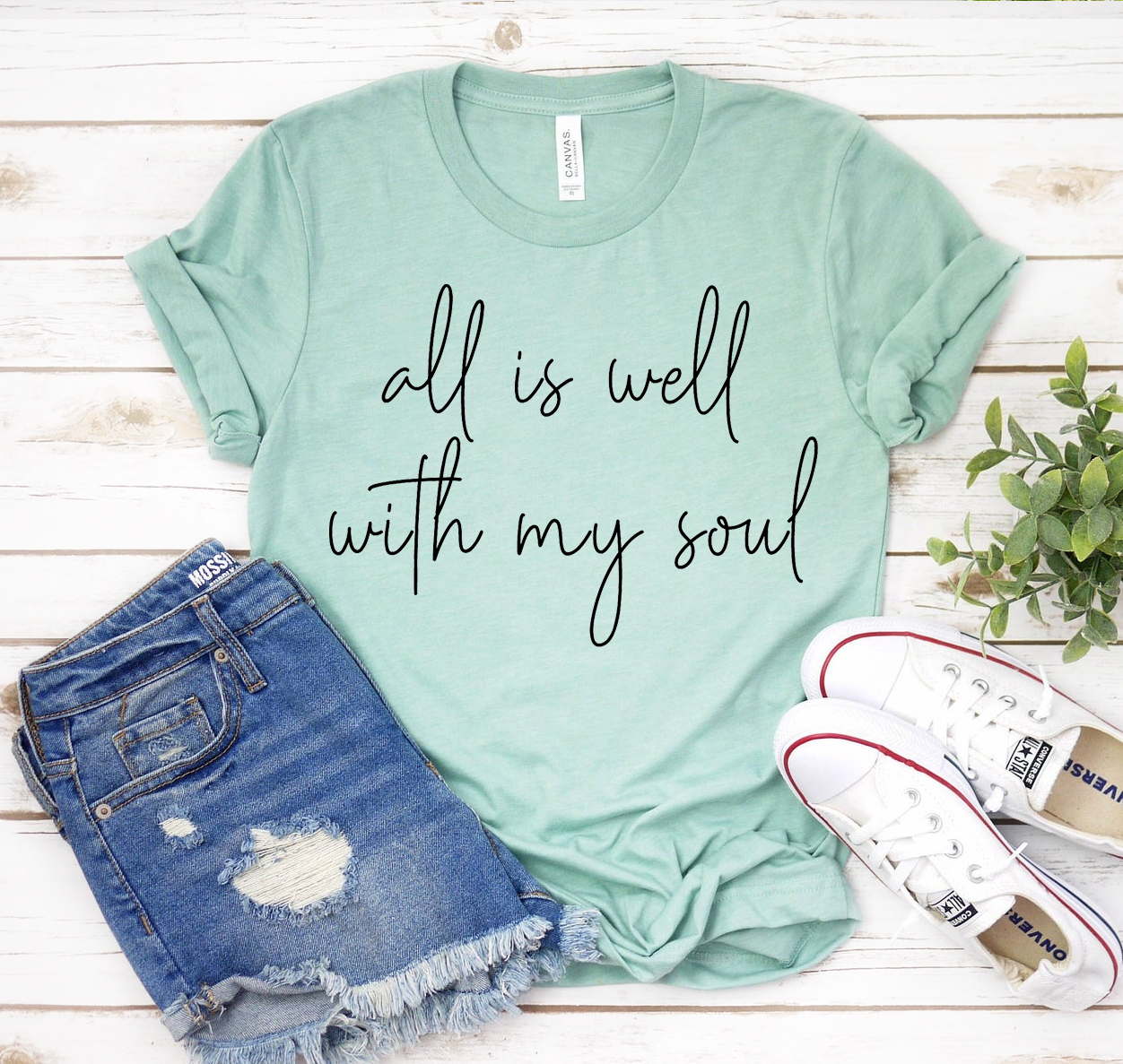 A classic unisex Bella Canvas 3001 tee featuring the uplifting phrase 'All Is Well With My Soul' printed on the front, made from soft cotton.