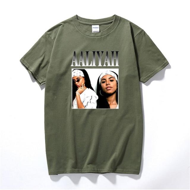 Aaliyah Graphic T-shirt featuring a vibrant print of the iconic singer, made from soft cotton with a casual O-neck design.