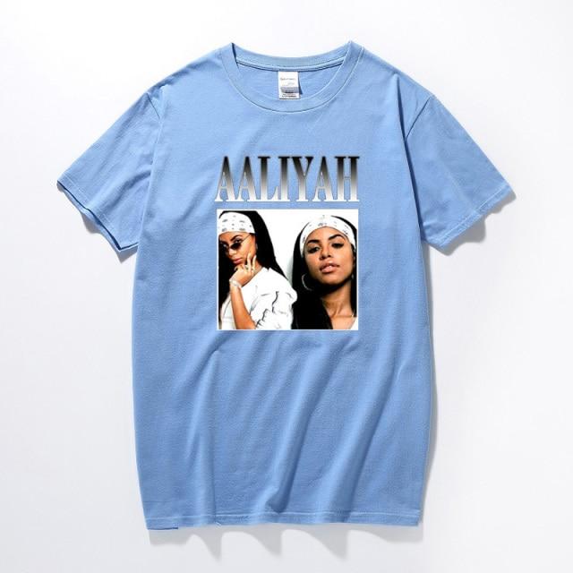 Aaliyah Graphic T-shirt featuring a vibrant print of the iconic singer, made from soft cotton with a casual O-neck design.