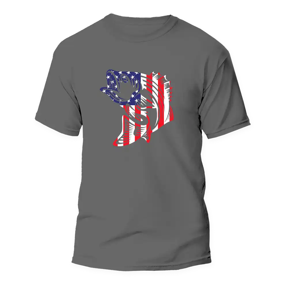 American Flag Fish Come Man T-Shirt featuring a vibrant American flag design with a fish motif, made from soft ringspun cotton.