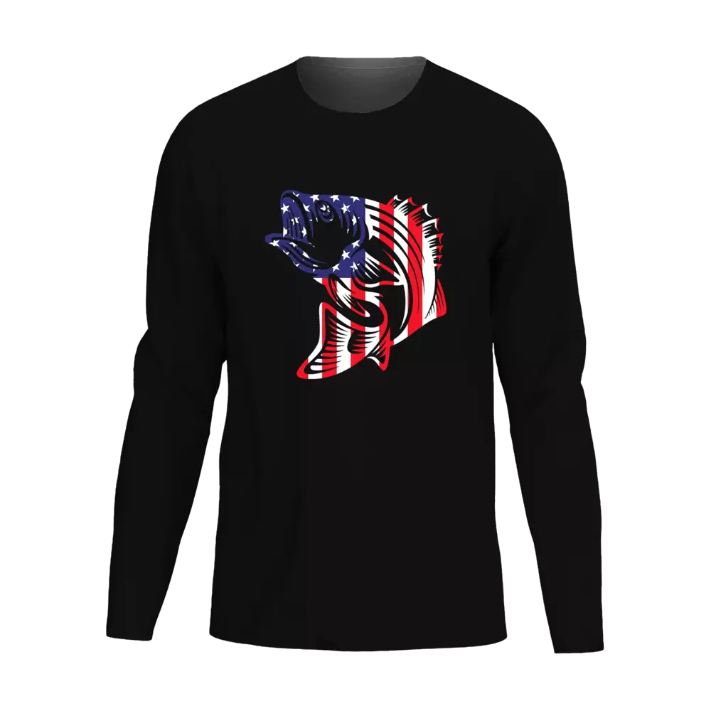 Men's long sleeve shirt featuring an American flag fish design, perfect for casual outings and outdoor activities.