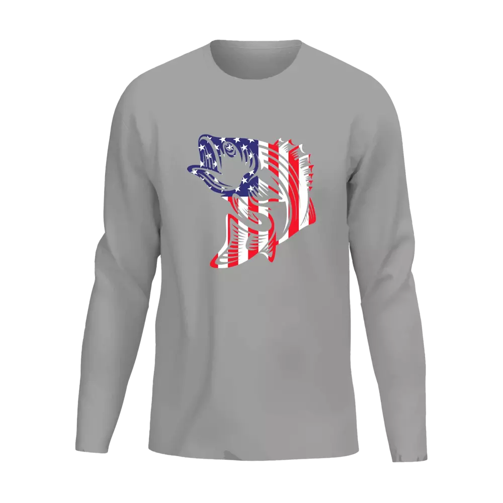 Men's long sleeve shirt featuring an American flag fish design, perfect for casual outings and outdoor activities.