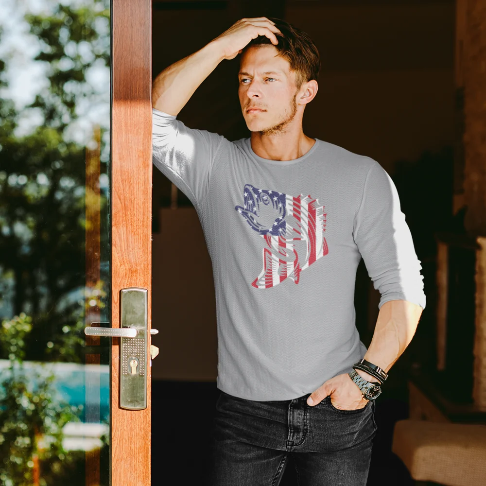 Men's long sleeve shirt featuring an American flag fish design, perfect for casual outings and outdoor activities.
