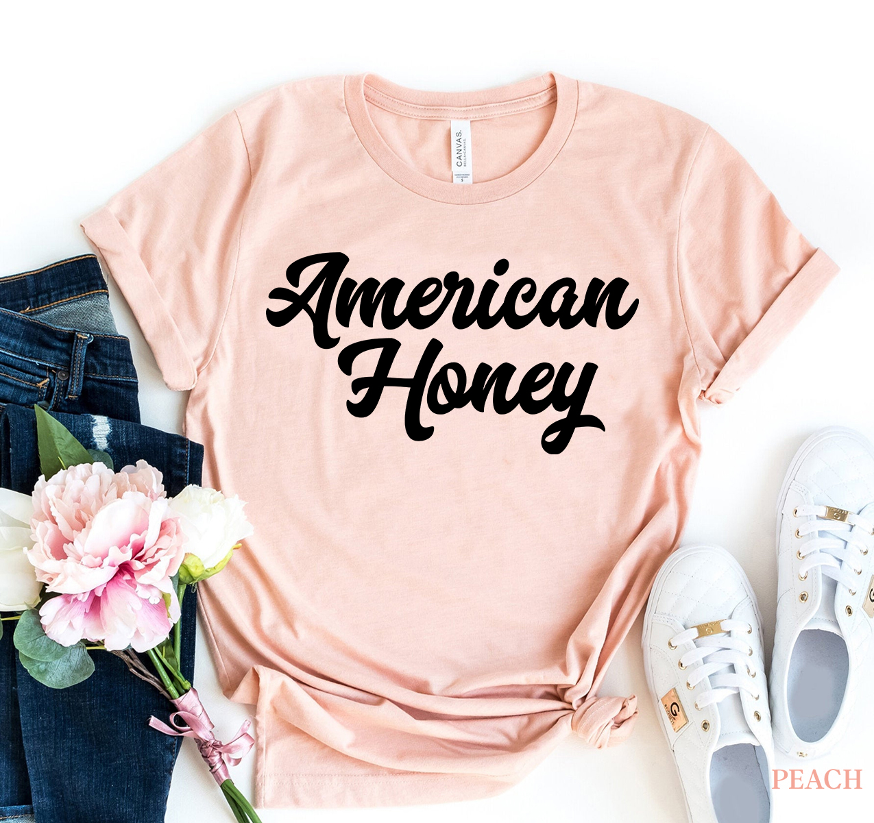 American Honey T-shirt made from premium ring spun cotton with a soft textile flex print design.