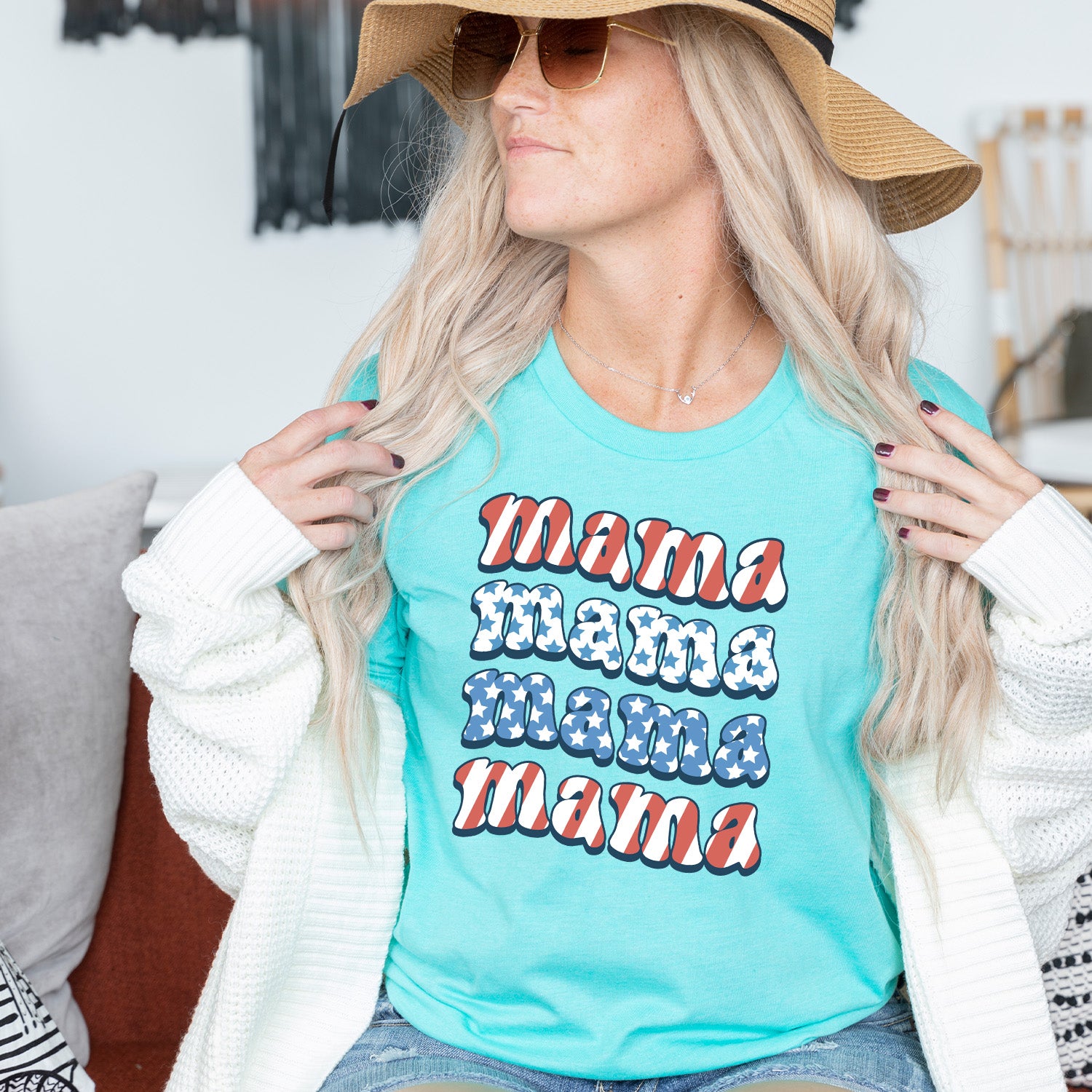American Mama Unisex T-shirt featuring vibrant patriotic design, soft fabric, and comfortable fit.