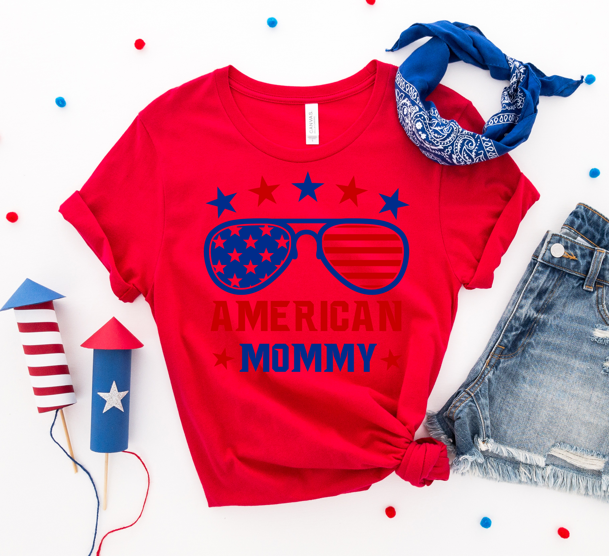 American Mommy T-shirt made of premium ring spun cotton with vibrant print, showcasing a patriotic design.
