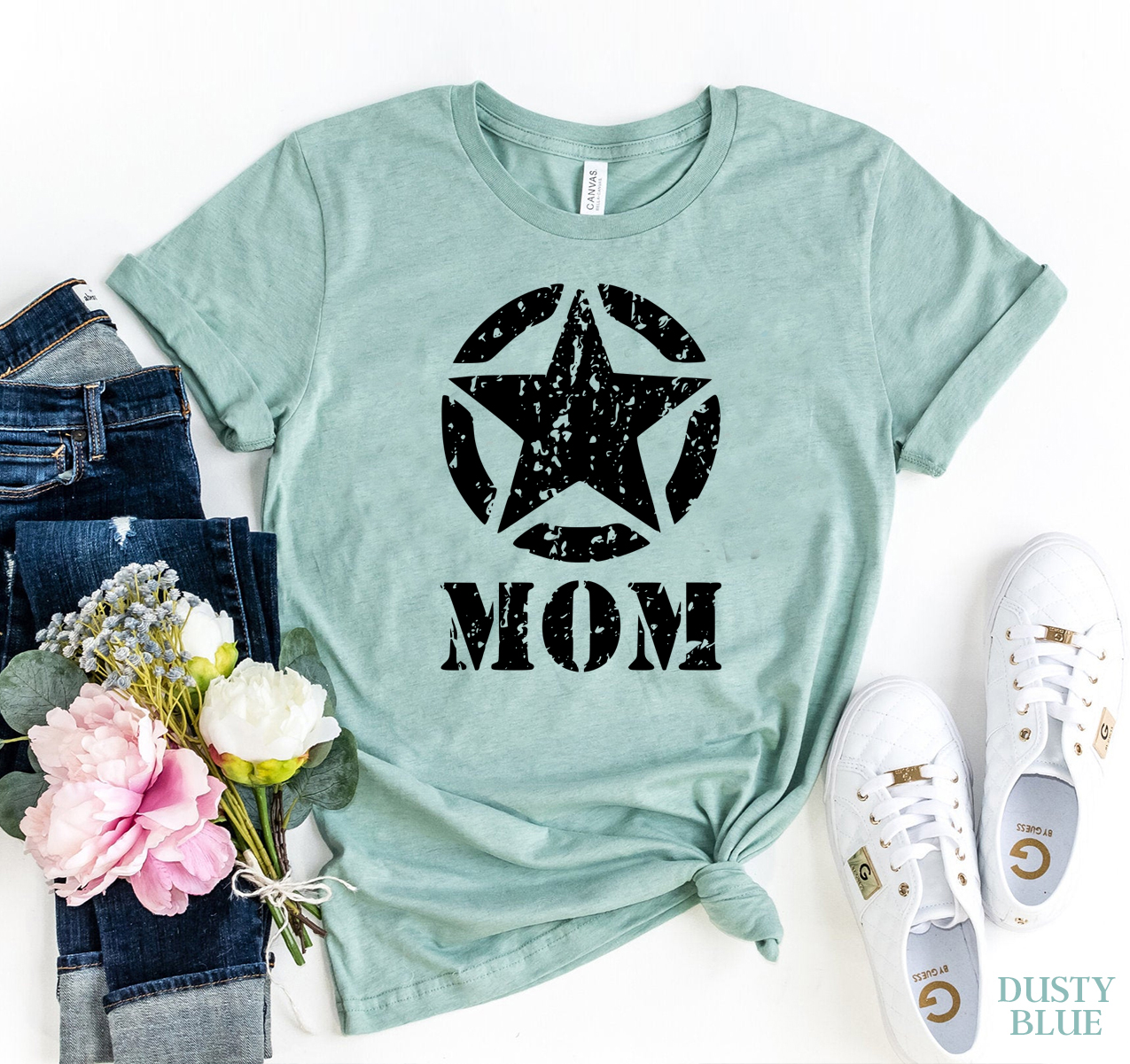 Army Mom T-shirt made of premium ring spun cotton, featuring a stylish flex print design, available in various sizes.