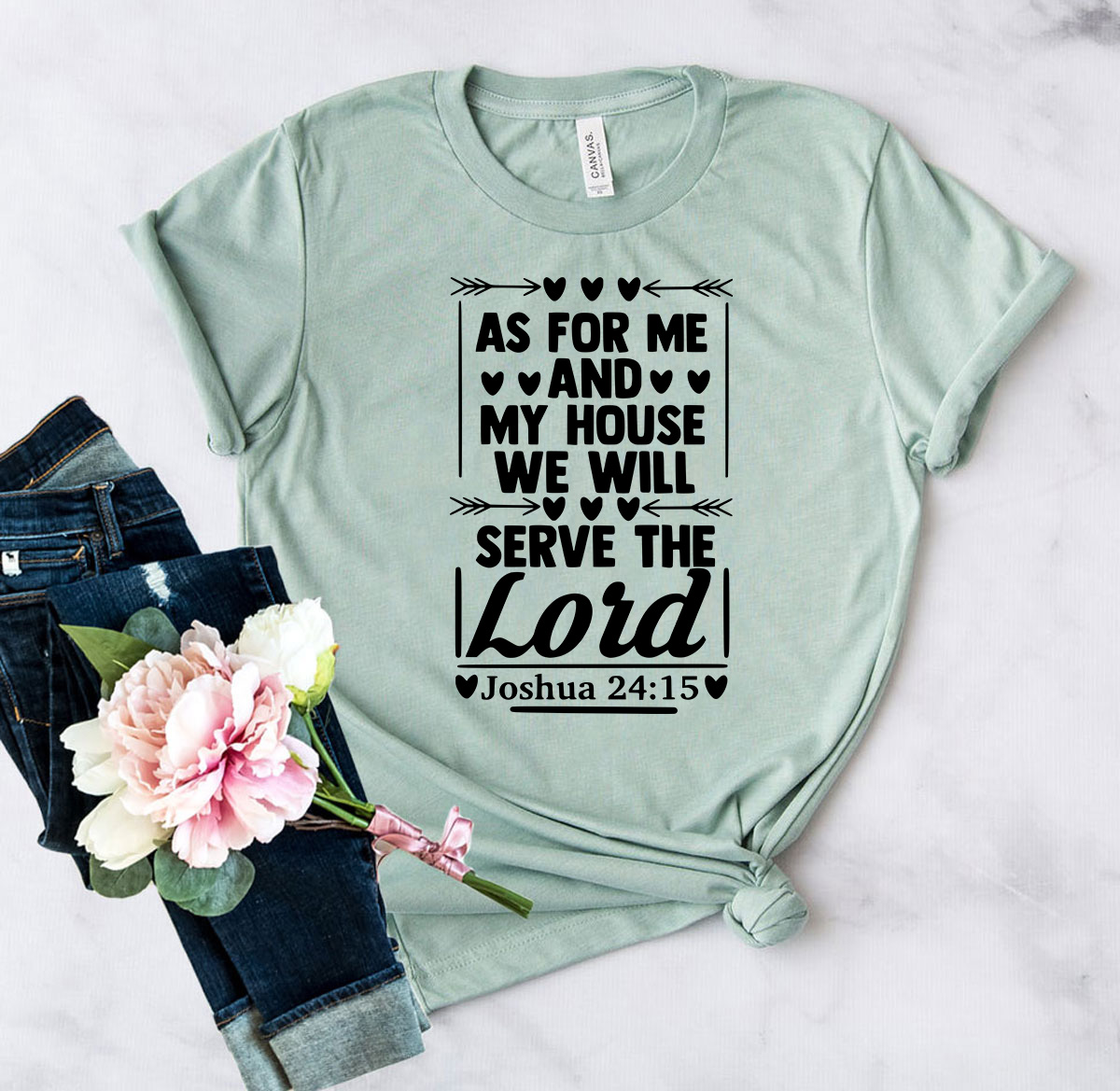 Unisex T-shirt featuring 'As For Me And My House We Will Serve' design, available in multiple colors and sizes.