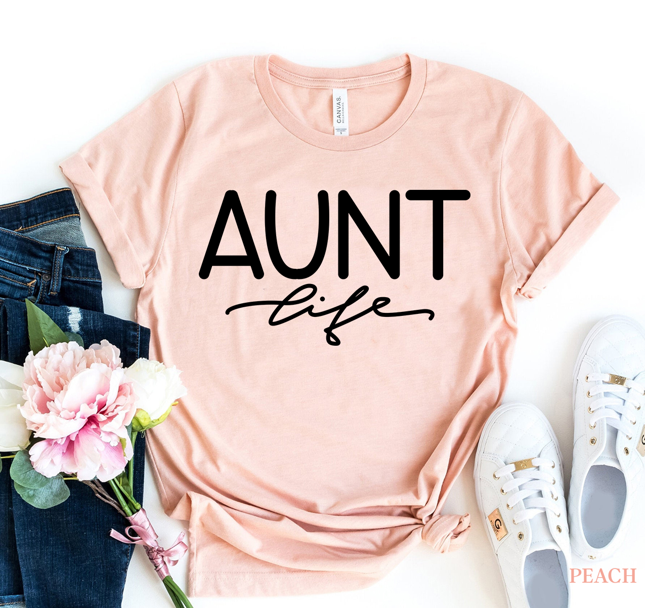 Aunt Life T-shirt made of premium ring spun cotton, featuring a soft textile flex print design, available in various sizes.