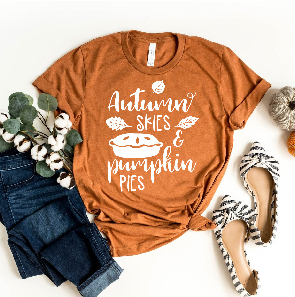 Autumn Skies & Pumpkin Pies T-shirt made of premium ring spun cotton with vibrant autumn-themed design.