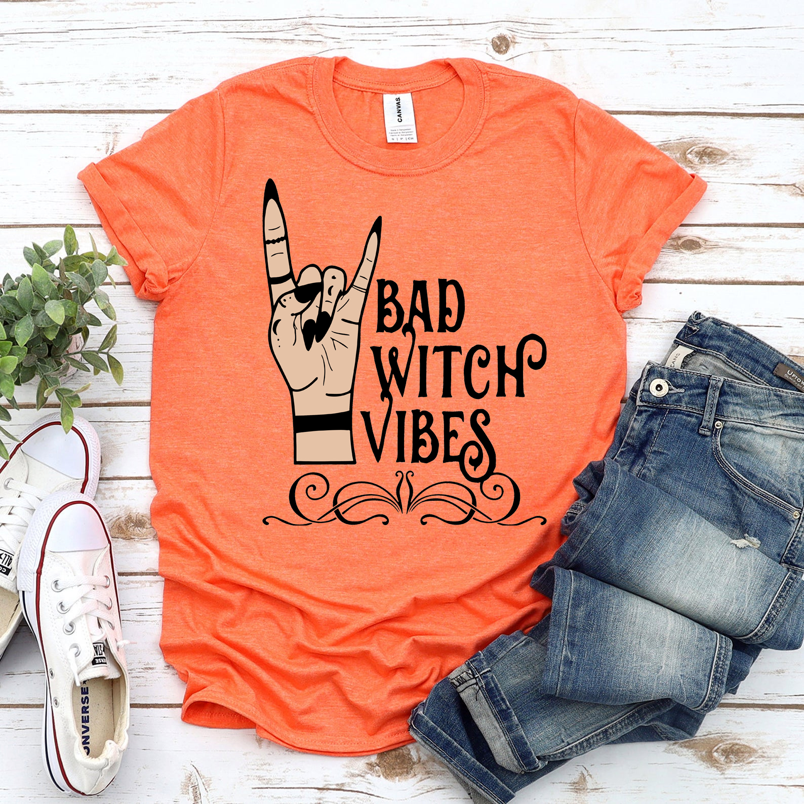 Bad Witch Vibes Halloween T-shirt made from premium ring spun cotton with a striking design.
