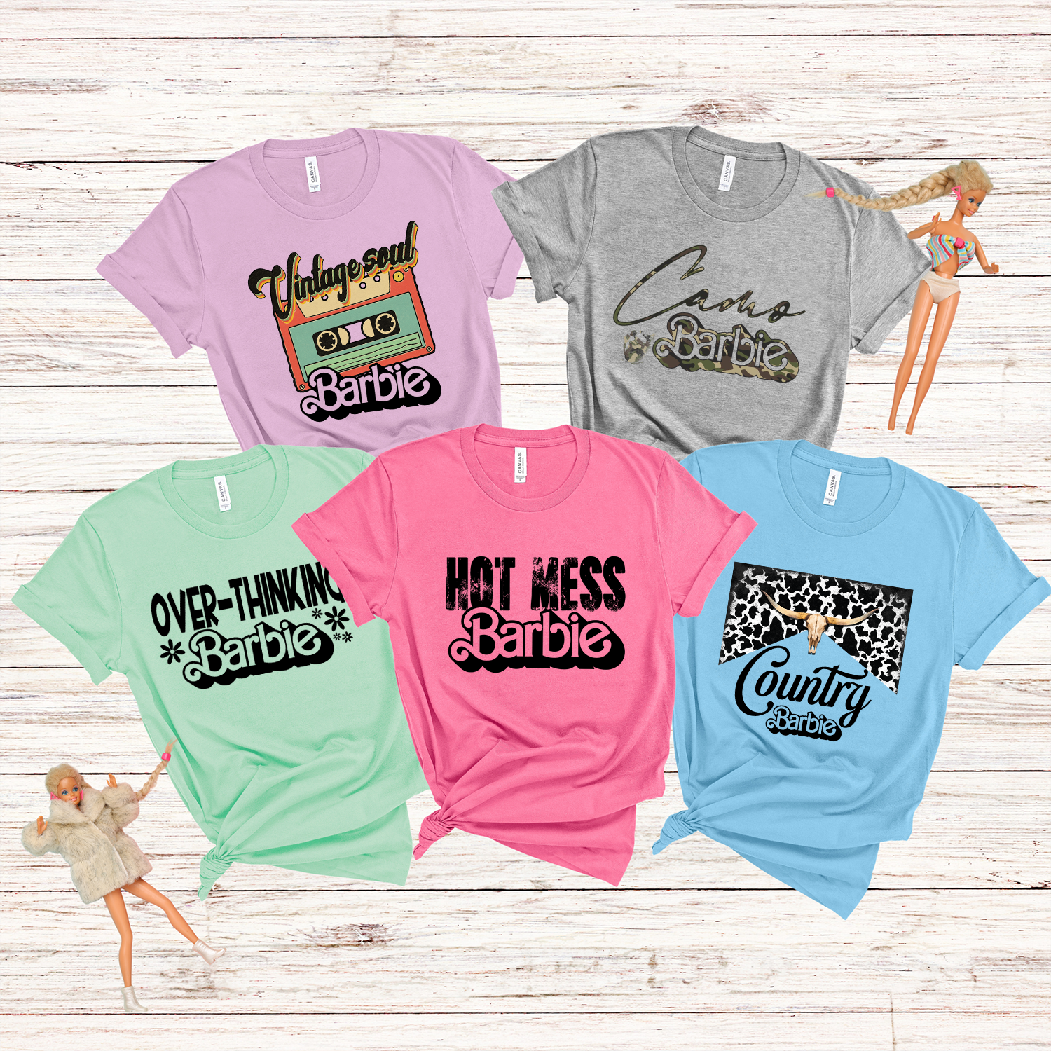 Barbie Titles Unisex T-shirt featuring vibrant DTG printed design, showcasing the iconic Barbie logo in colorful graphics.