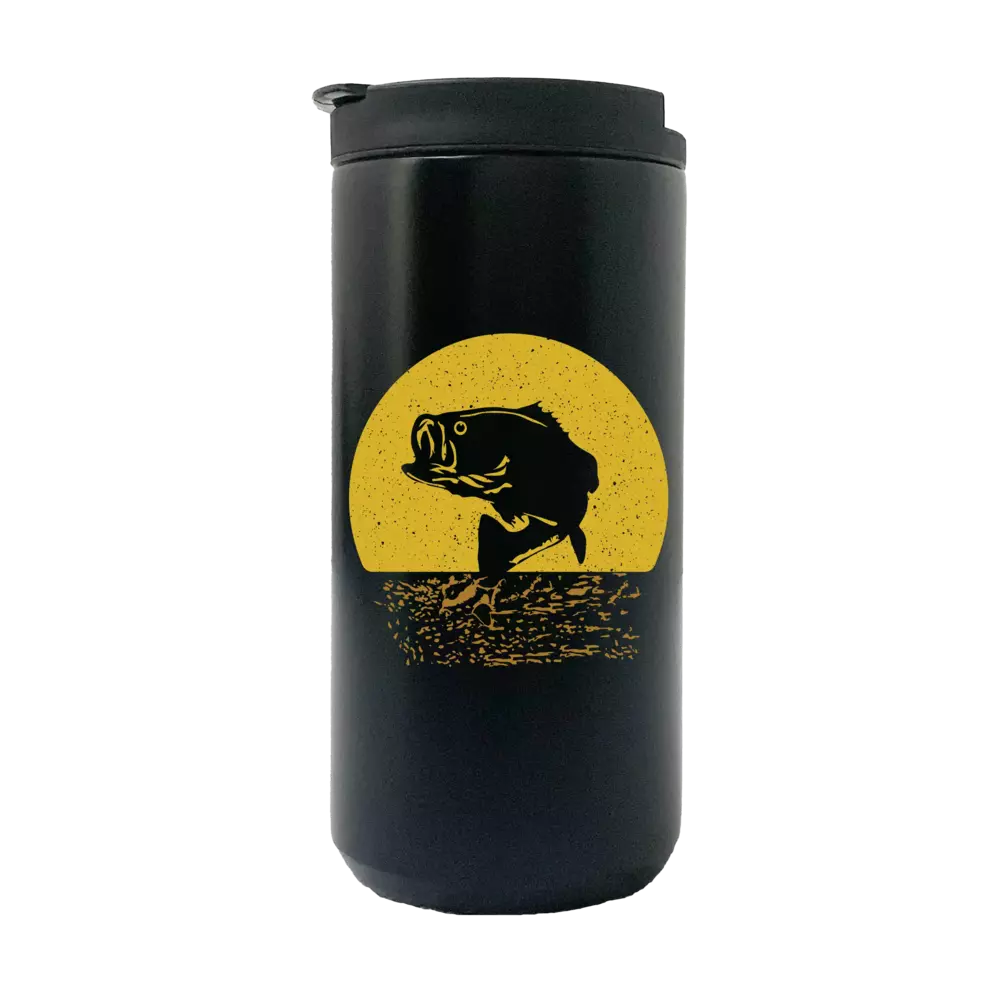 Bass Fishing 14oz Insulated Coffee Tumbler with stainless steel design and UV printed graphics, perfect for outdoor use.