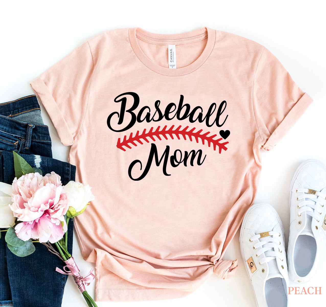 A stylish Baseball Mom T-shirt made of soft ring spun cotton, featuring a vibrant flex print design, available in various sizes.