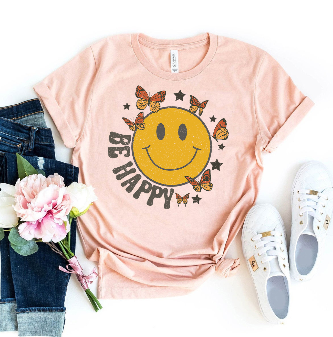 Be Happy T-shirt made of premium ring spun cotton with vibrant flex print design.