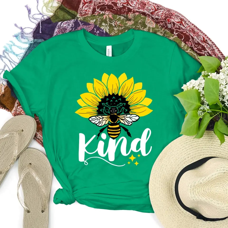 Bee Kind Sunflower Tee displayed on a mannequin, showcasing its soft fabric and vibrant sunflower design.