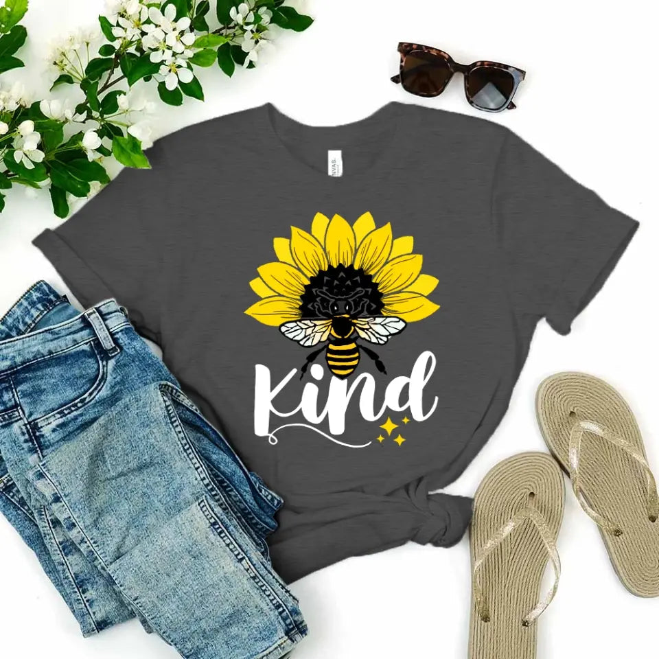 Bee Kind Sunflower Tee displayed on a mannequin, showcasing its soft fabric and vibrant sunflower design.