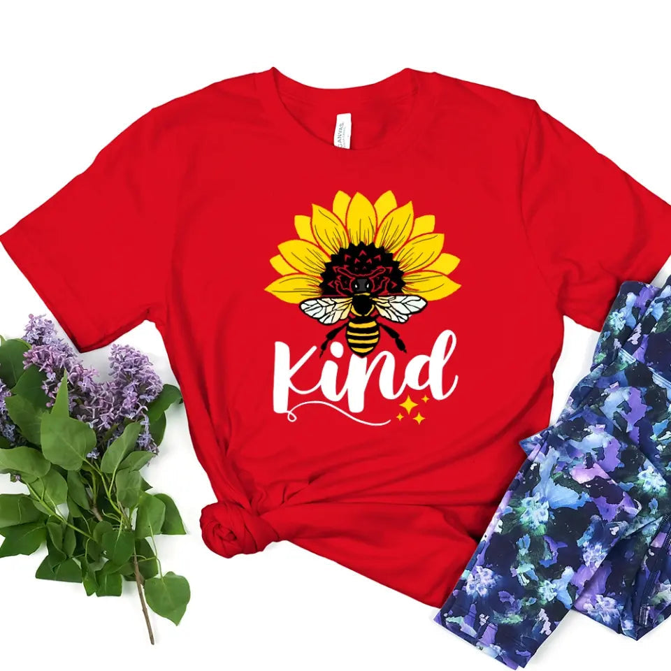 Bee Kind Sunflower Tee displayed on a mannequin, showcasing its soft fabric and vibrant sunflower design.