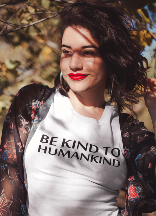 Be Kind To Humankind Women T-shirt featuring a positive message, made from soft ringspun cotton, perfect for casual wear.