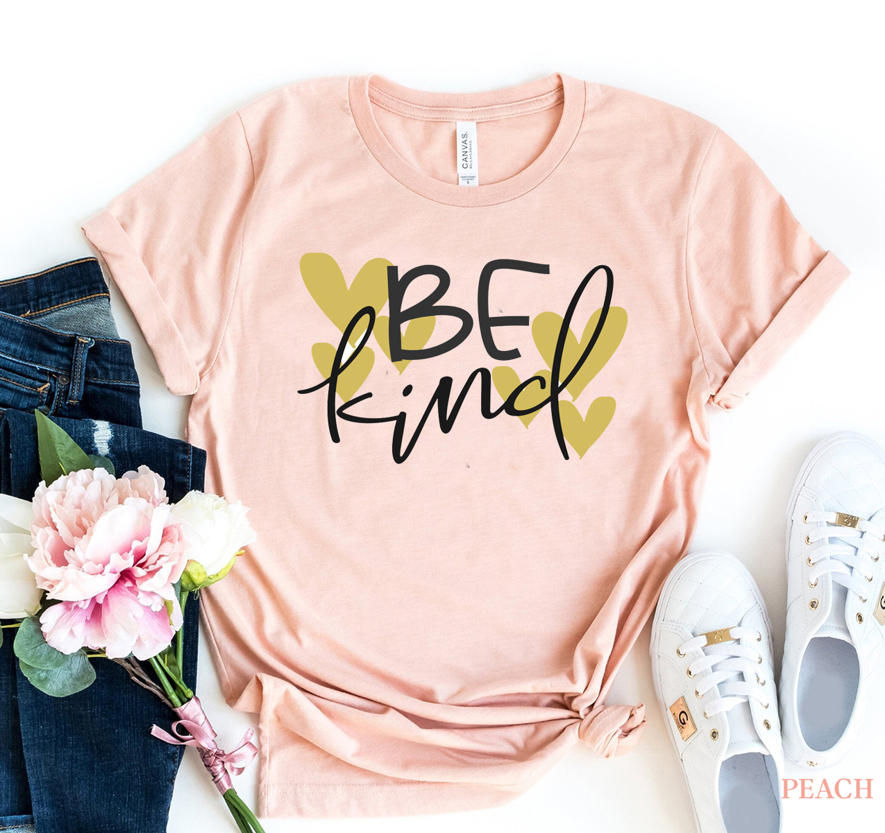 Be Kind T-shirt made of premium ring spun cotton, featuring a soft textile flex print design in various sizes.