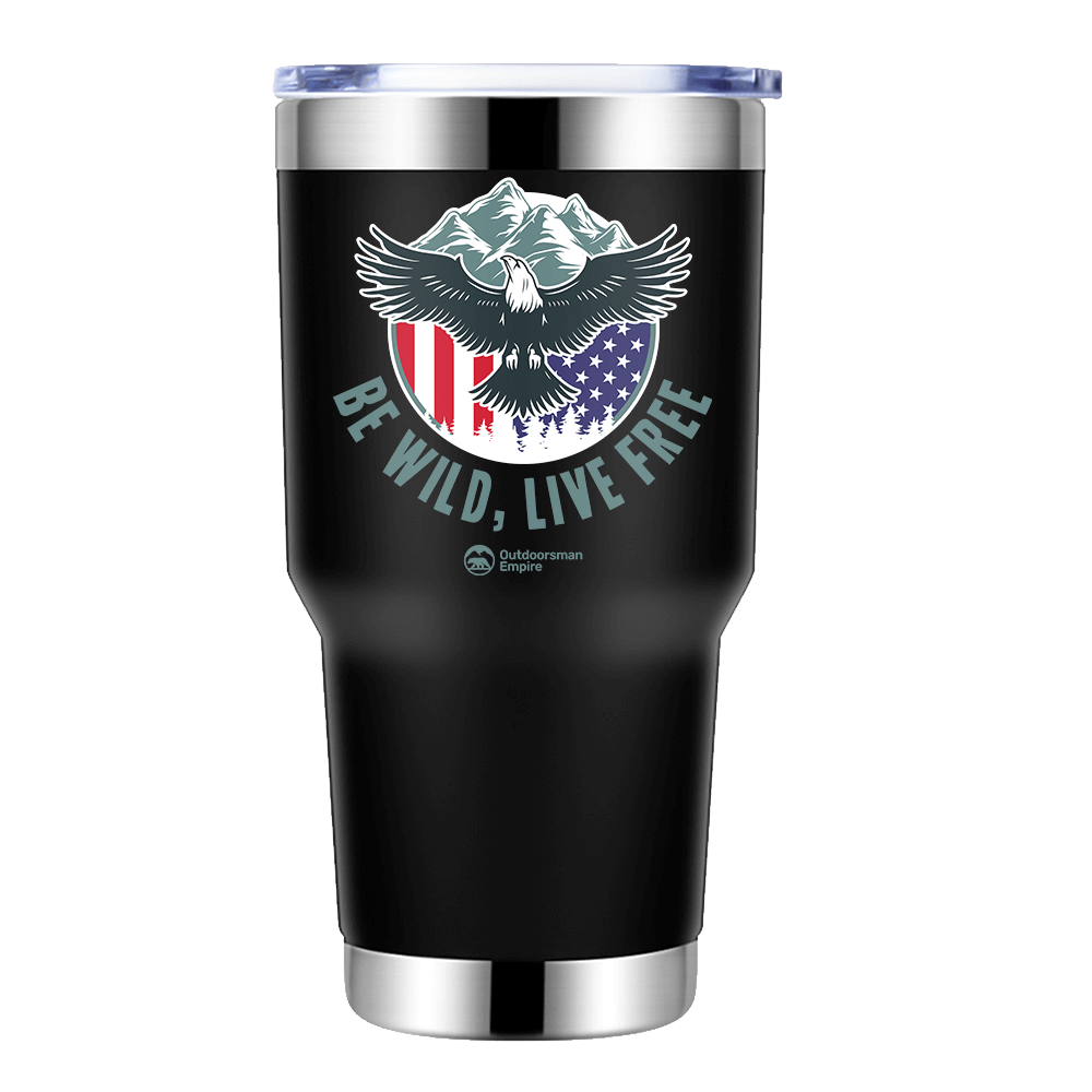 Be Wild Be Free 30oz Insulated Vacuum Sealed Tumbler in stainless steel with UV-printed design, showcasing its sleek and modern look.