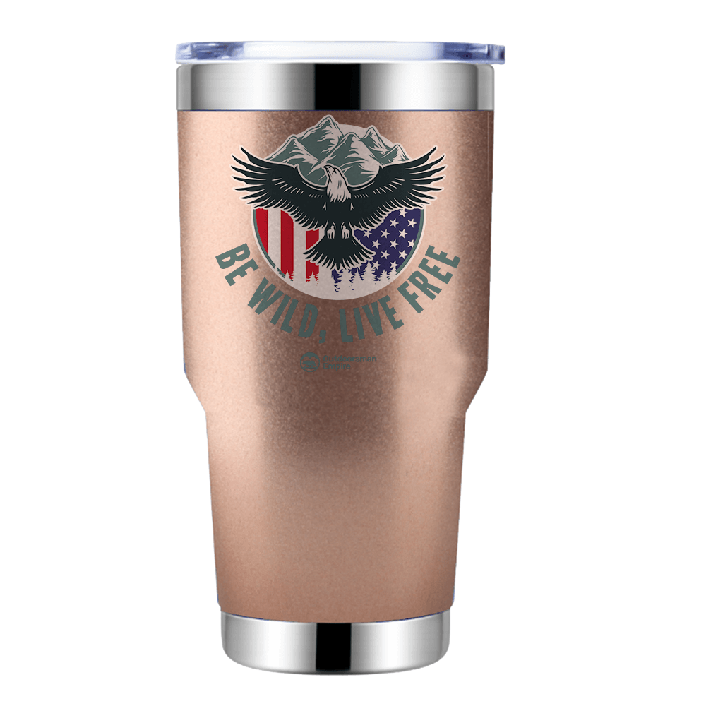 Be Wild Be Free 30oz Insulated Vacuum Sealed Tumbler in stainless steel with UV-printed design, showcasing its sleek and modern look.