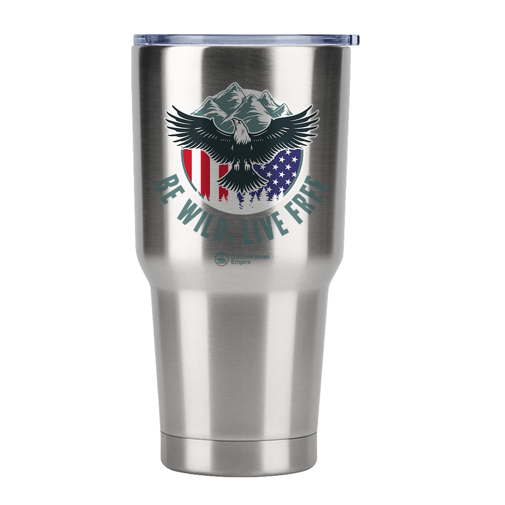 Be Wild Be Free 30oz Insulated Vacuum Sealed Tumbler in stainless steel with UV-printed design, showcasing its sleek and modern look.
