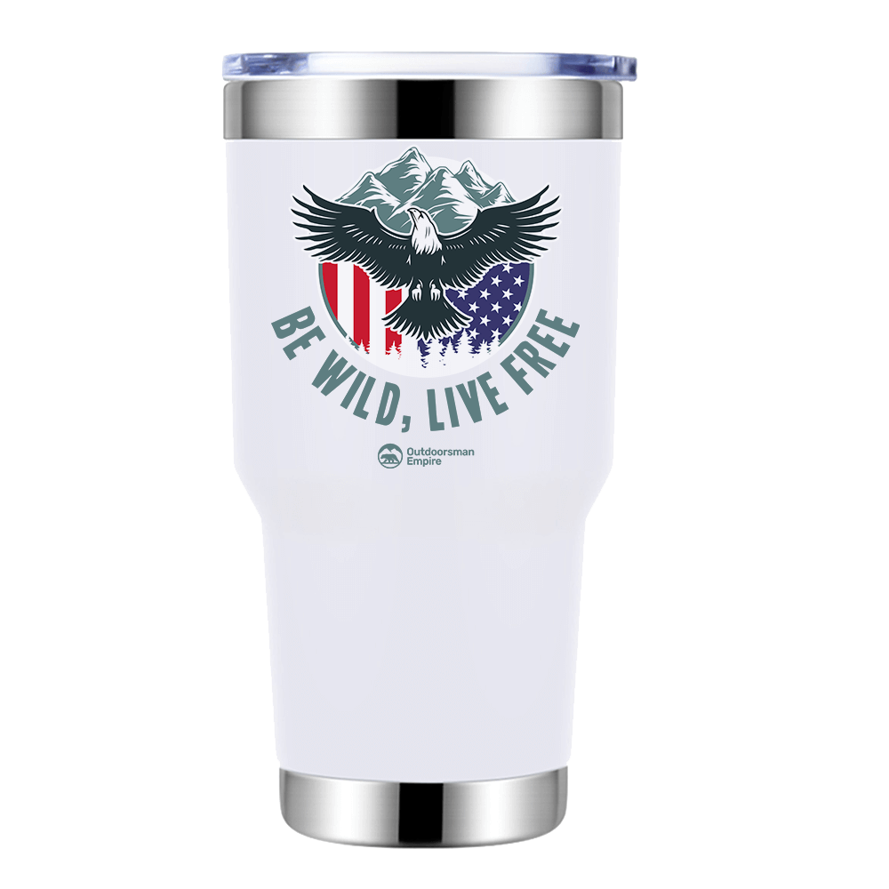 Be Wild Be Free 30oz Insulated Vacuum Sealed Tumbler in stainless steel with UV-printed design, showcasing its sleek and modern look.