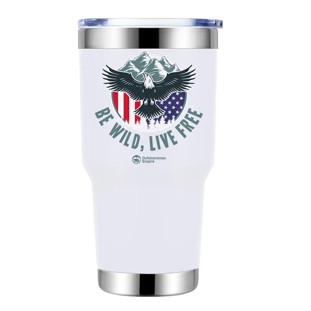 Be Wild Be Free 30oz Insulated Vacuum Sealed Tumbler in stainless steel with UV-printed design, showcasing its sleek and modern look.