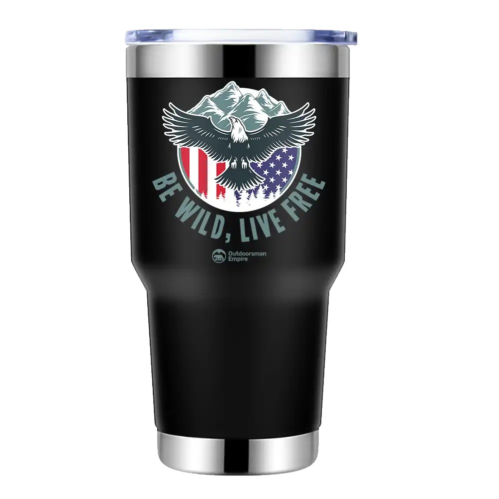 Be Wild Be Free 30oz Insulated Vacuum Sealed Tumbler in stainless steel with UV-printed design, showcasing its sleek and modern look.