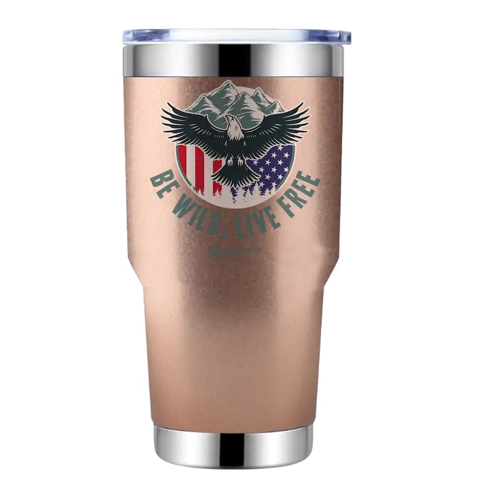 Be Wild Be Free 30oz Insulated Vacuum Sealed Tumbler in stainless steel with UV-printed design, showcasing its sleek and modern look.