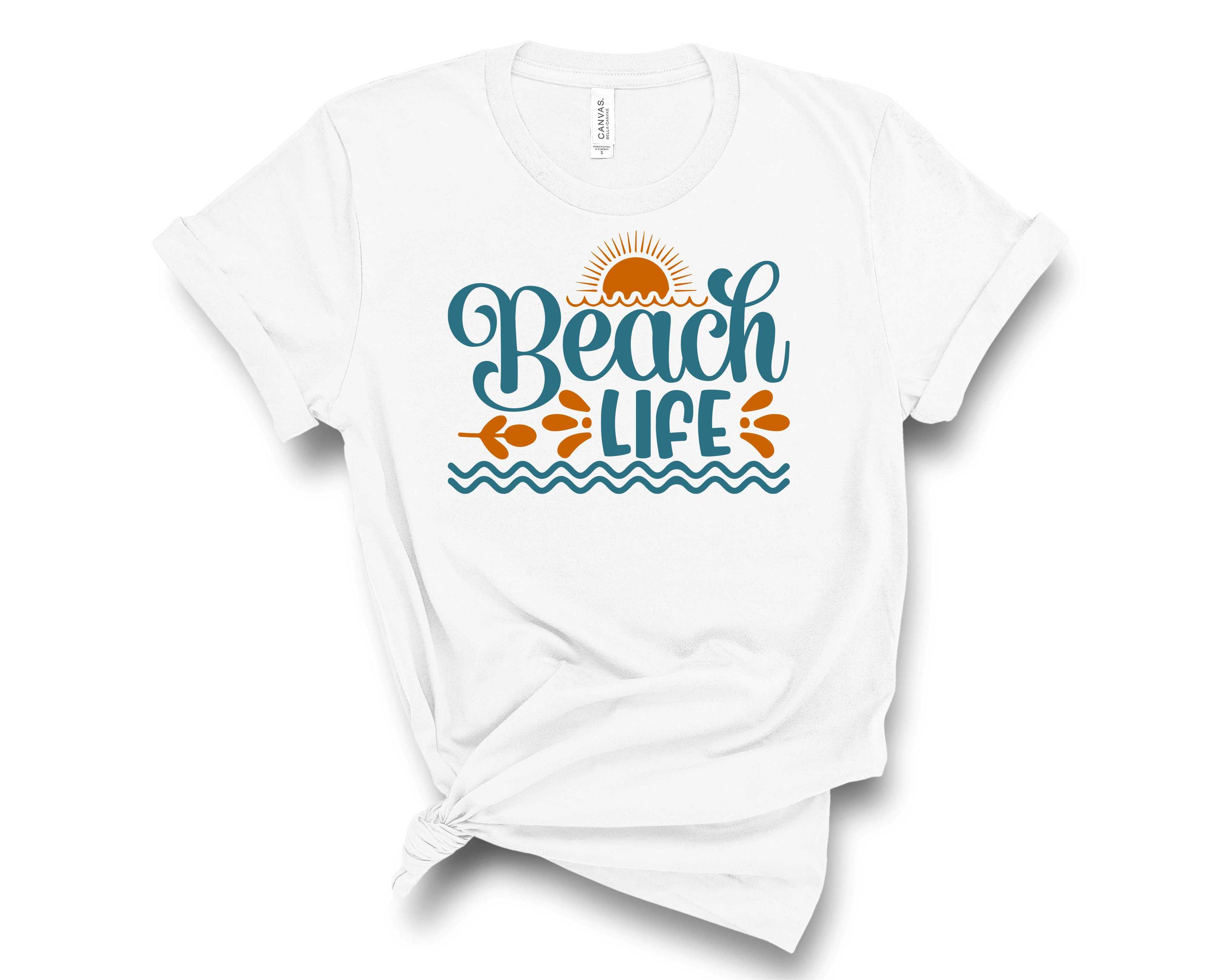 A vibrant unisex graphic tee featuring a beach-themed design with sun and surf elements, perfect for summer wear.