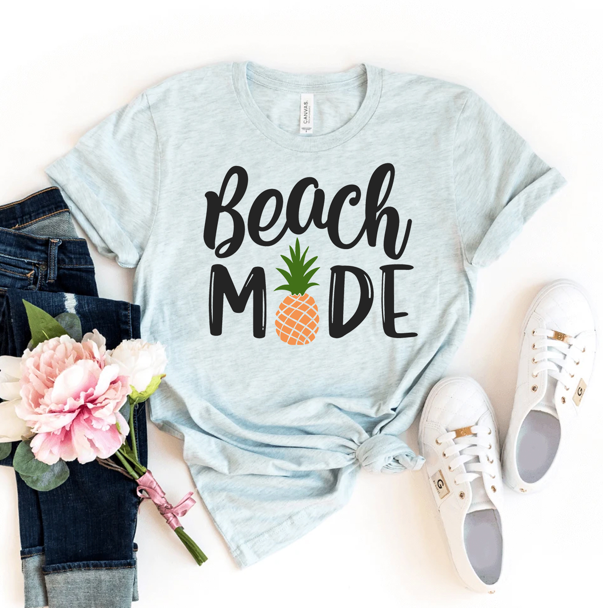 A stylish Beach Mode T-shirt made from premium ring spun cotton, featuring a vibrant flex print design, perfect for summer wear.